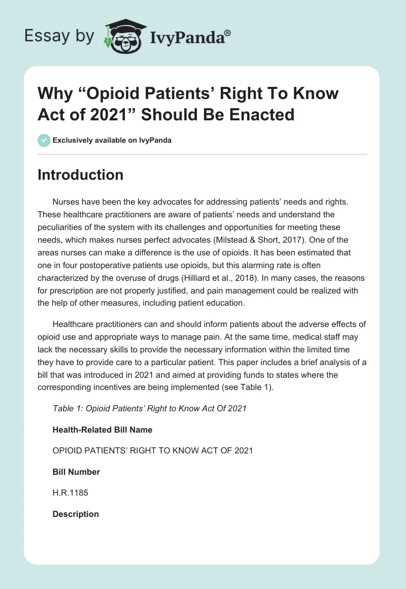 Why “Opioid Patients’ Right To Know Act of 2021” Should Be Enacted. Page 1
