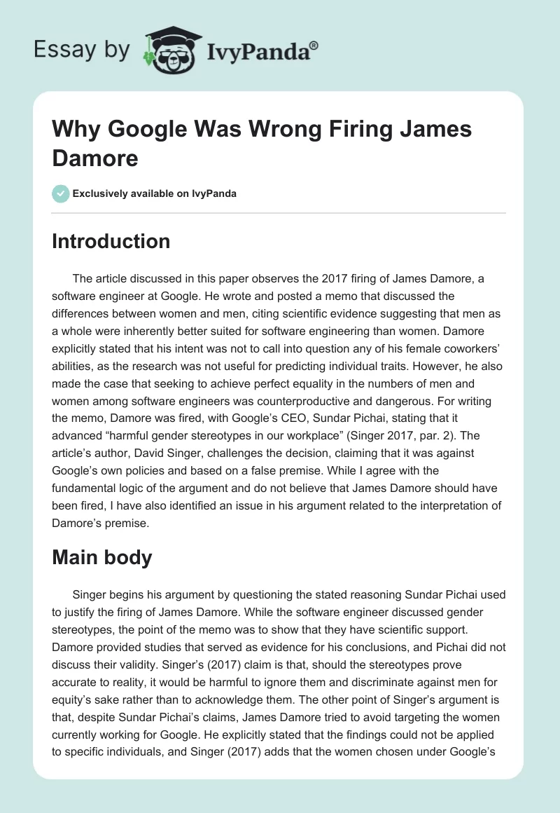 Why Google Was Wrong Firing James Damore. Page 1