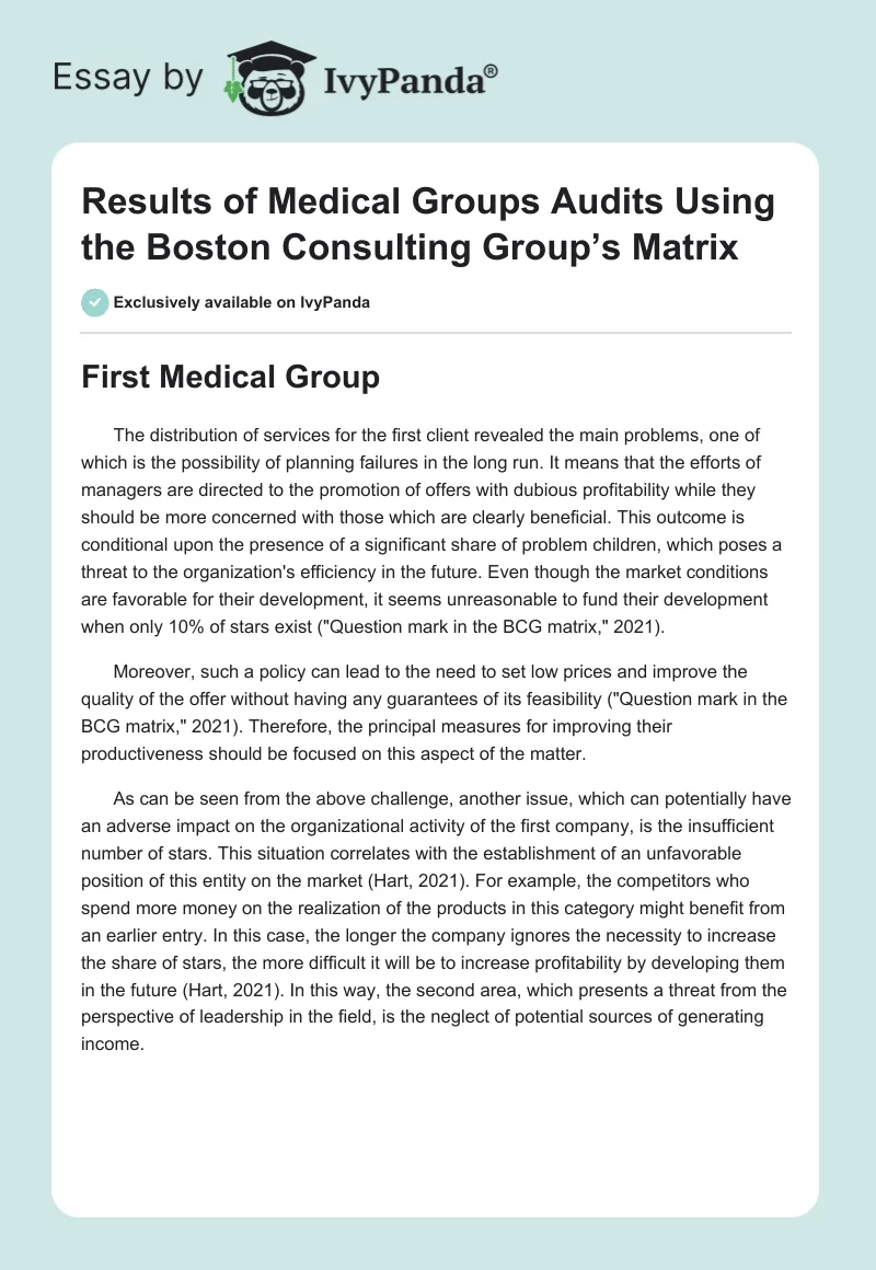 Results of Medical Groups Audits Using the Boston Consulting Group’s Matrix. Page 1