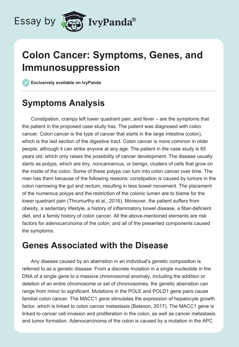 Colon Cancer: Symptoms, Genes, and Immunosuppression. Page 1