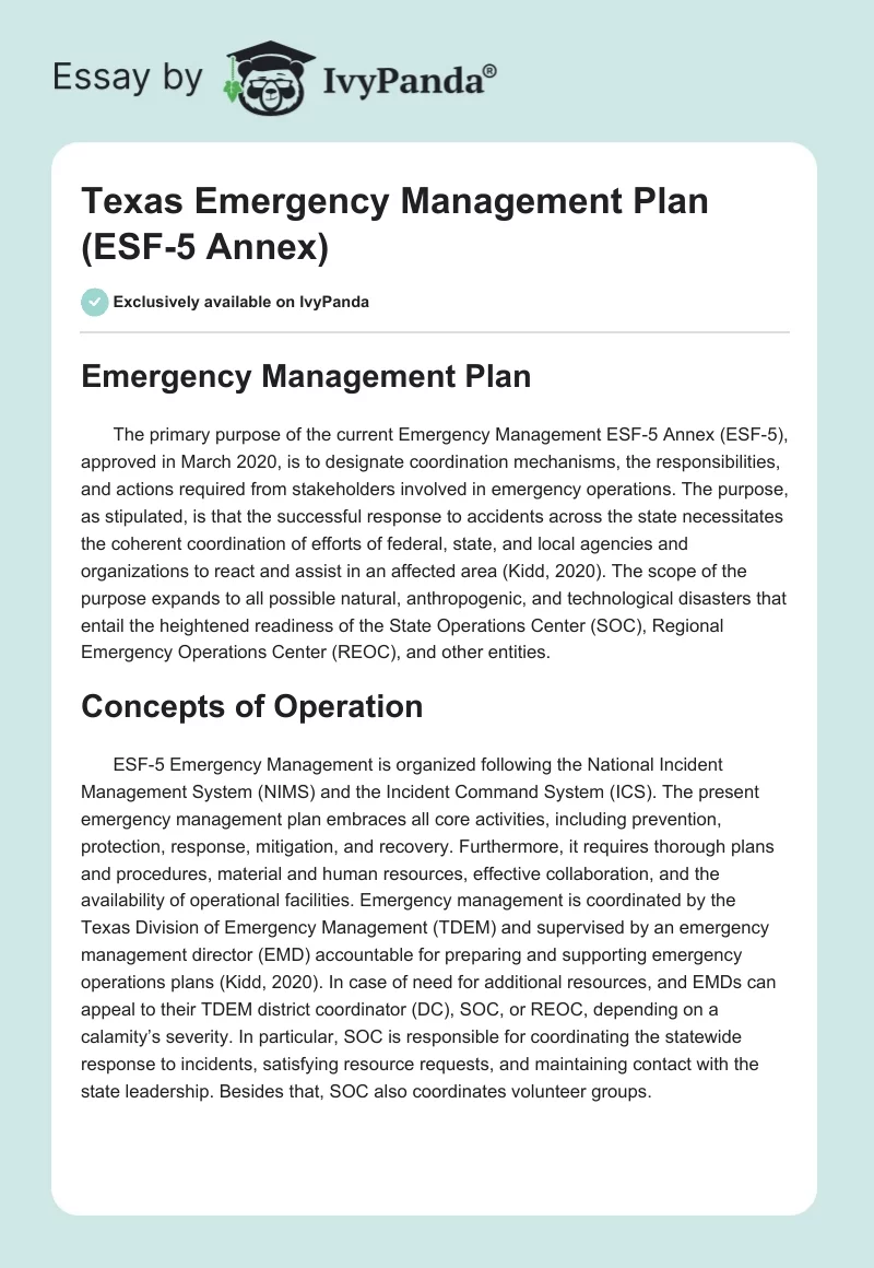 Texas Emergency Management Plan (ESF-5 Annex). Page 1