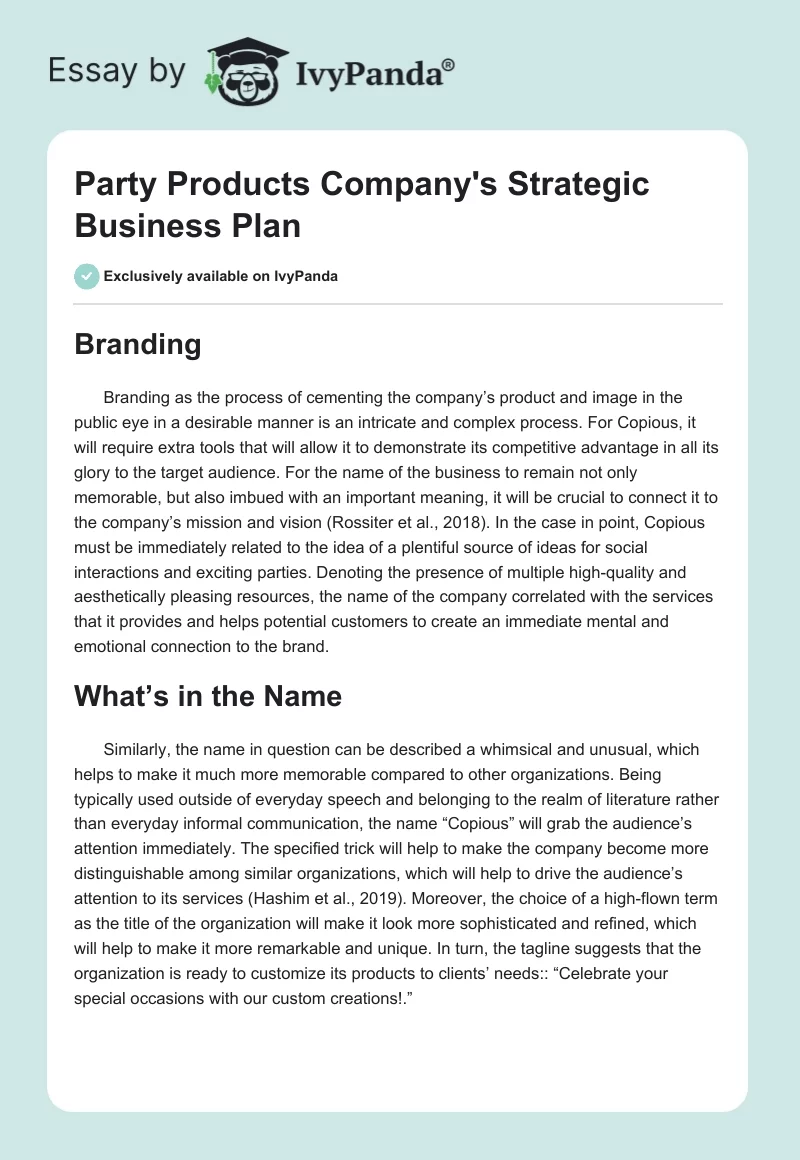 Party Products Company's Strategic Business Plan. Page 1