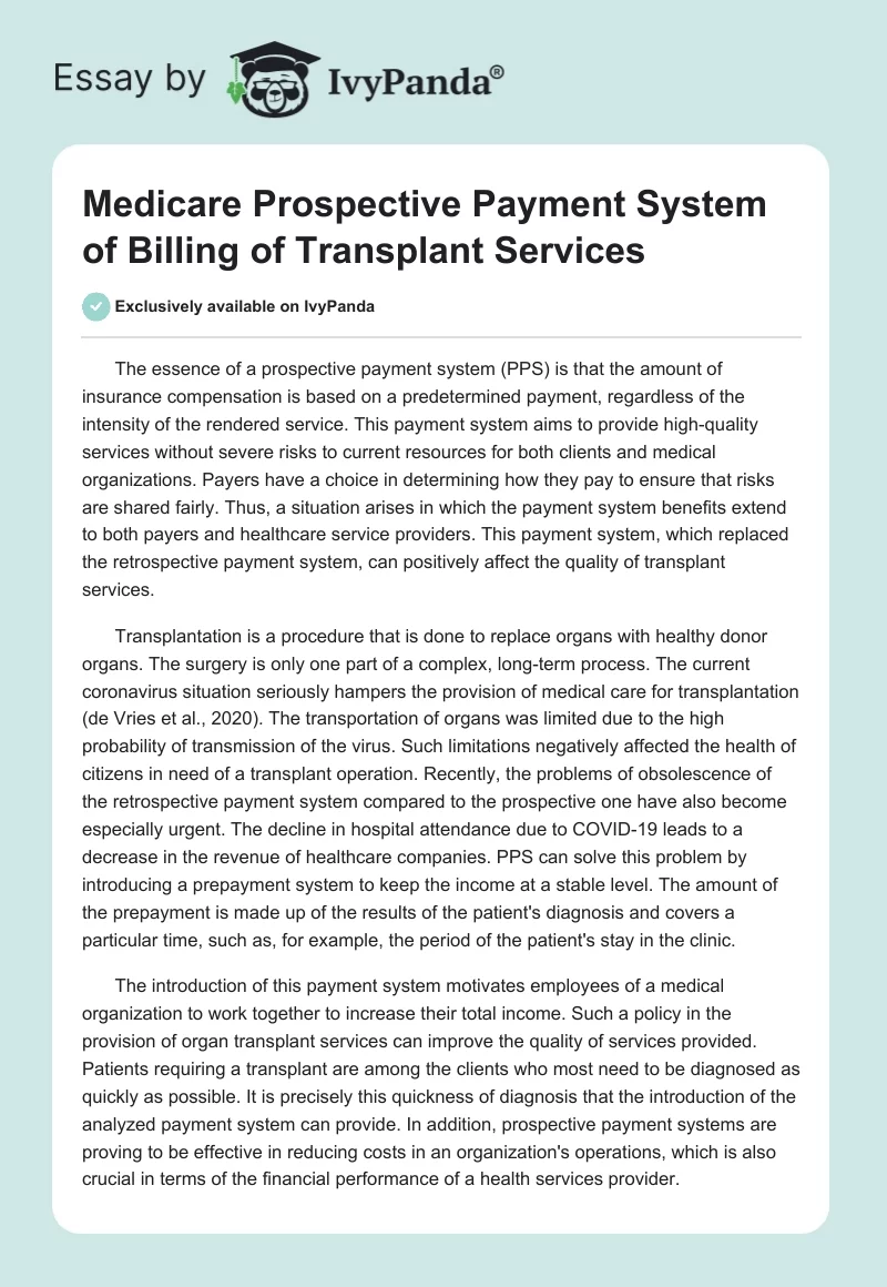Medicare Prospective Payment System of Billing of Transplant Services. Page 1