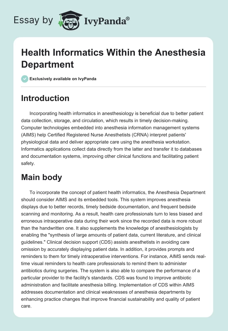 Health Informatics Within the Anesthesia Department. Page 1