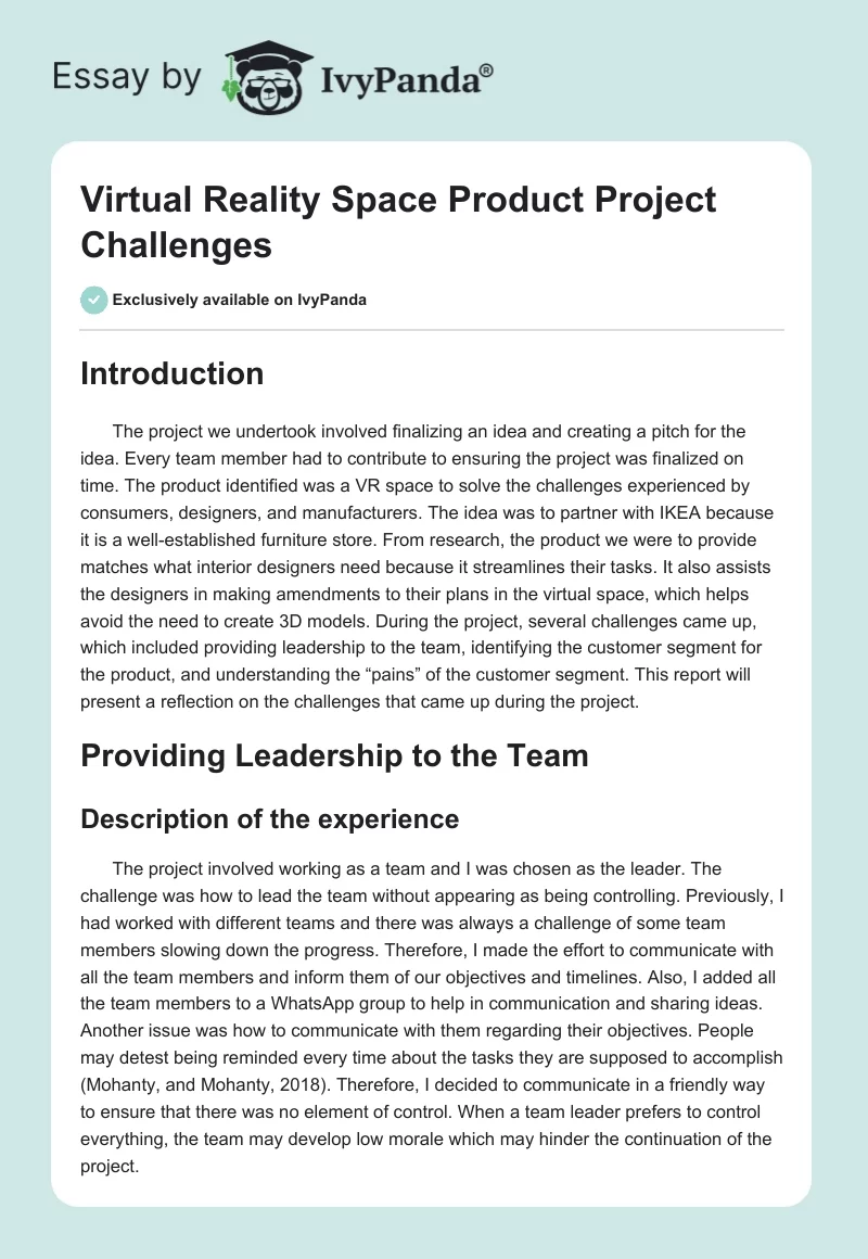 Virtual Reality Space Product Project Challenges. Page 1