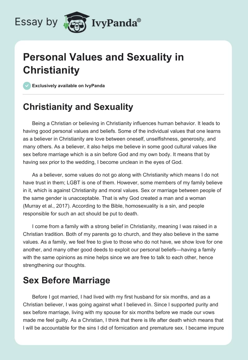 Personal Values and Sexuality in Christianity. Page 1