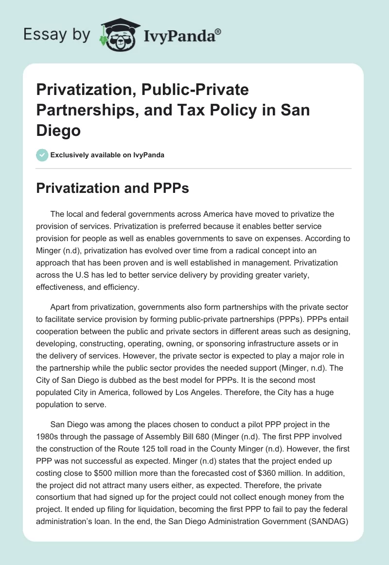 Privatization, Public-Private Partnerships, and Tax Policy in San Diego. Page 1