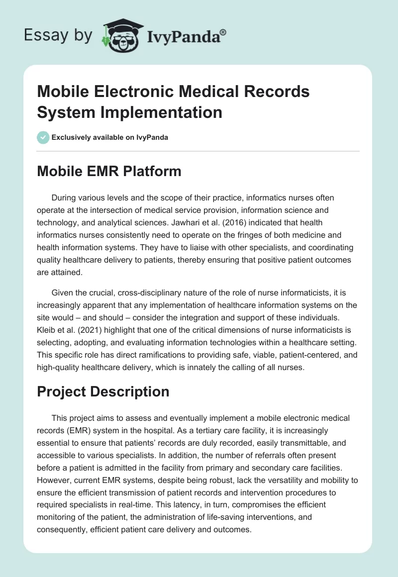Mobile Electronic Medical Records System Implementation. Page 1