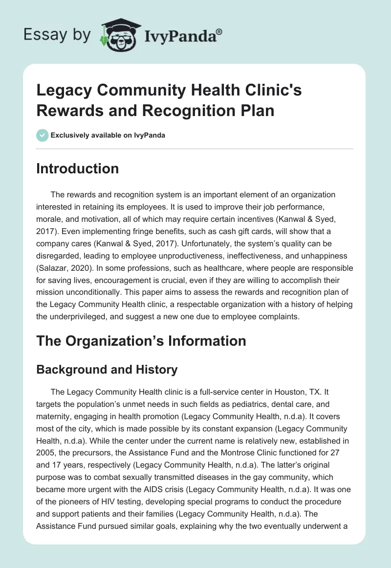 Legacy Community Health Clinic's Rewards and Recognition Plan. Page 1
