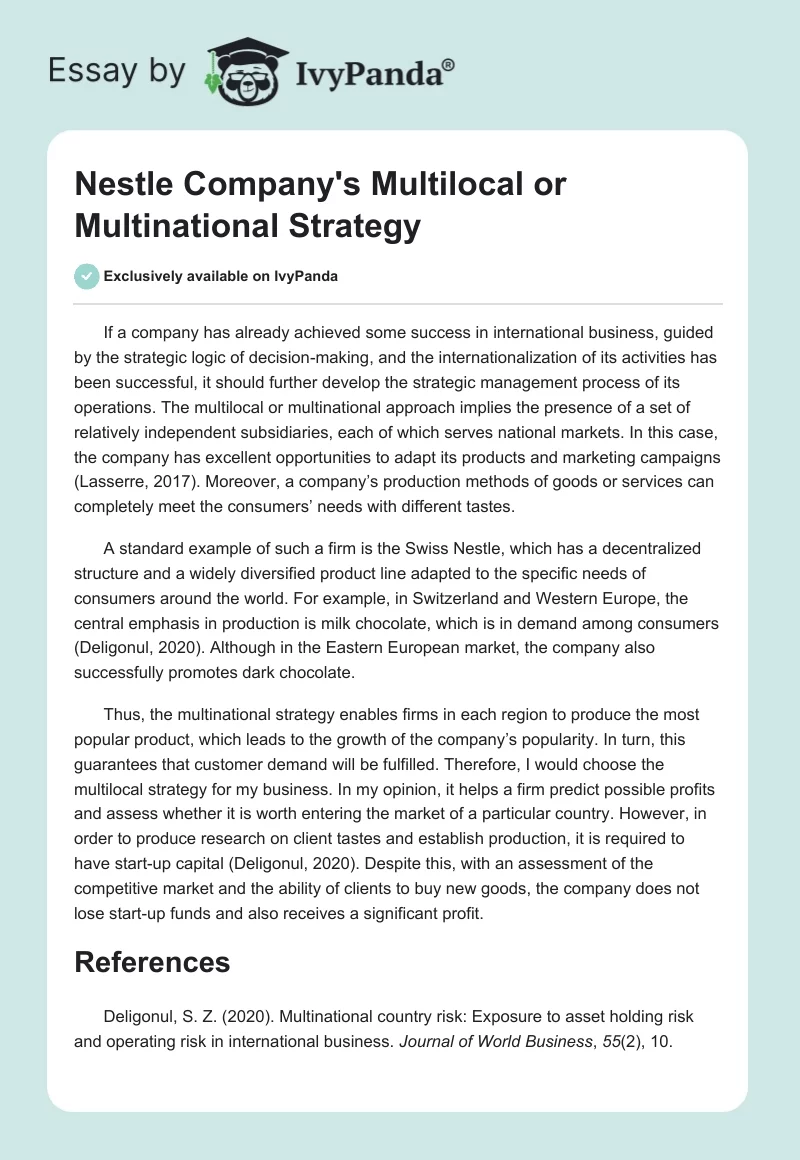 Nestle Company's Multilocal or Multinational Strategy. Page 1