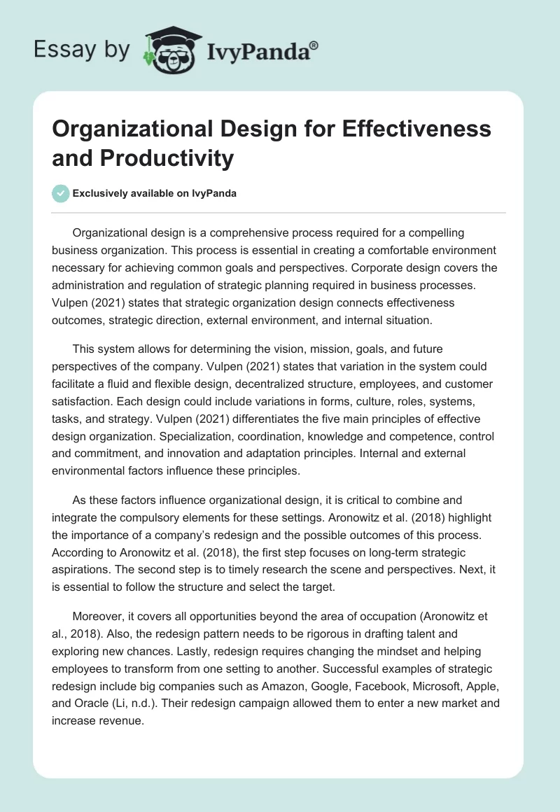 Organizational Design for Effectiveness and Productivity. Page 1