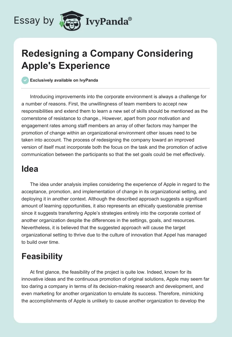 Redesigning a Company Considering Apple's Experience. Page 1