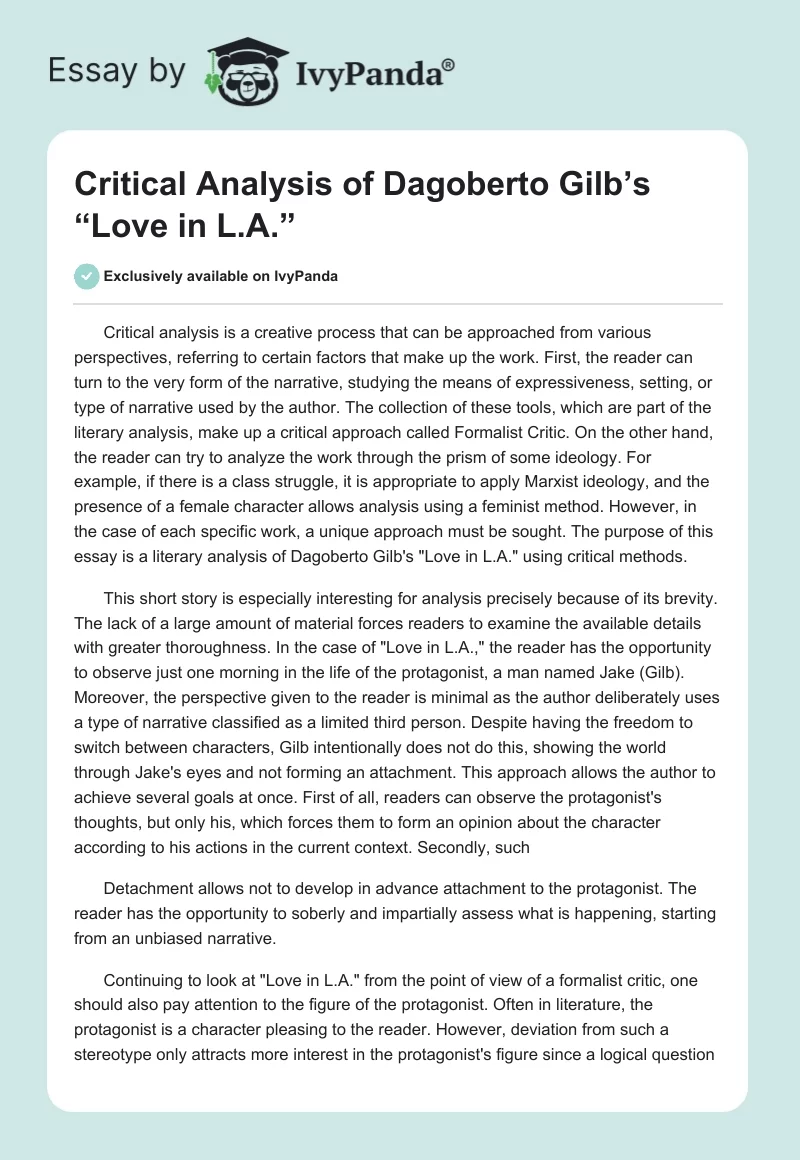 Critical Analysis of Dagoberto Gilb’s “Love in L.A.”. Page 1