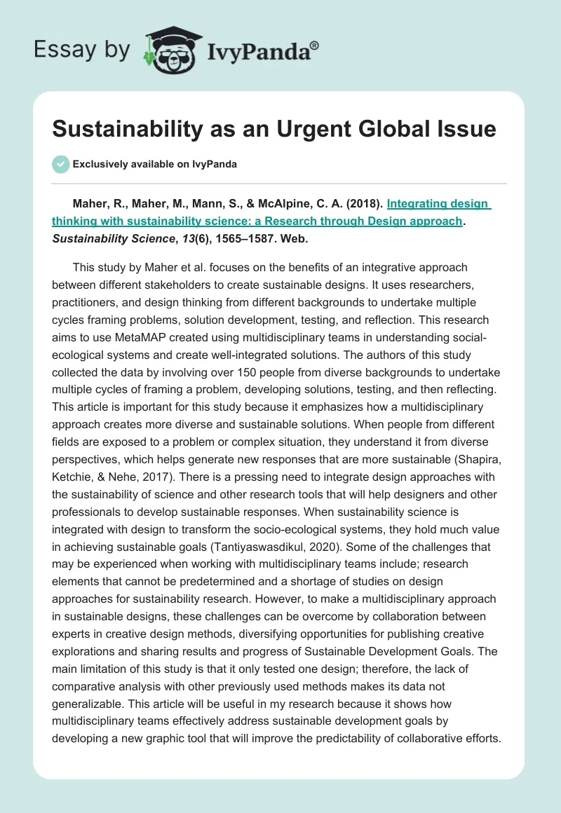 Sustainability as an Urgent Global Issue. Page 1