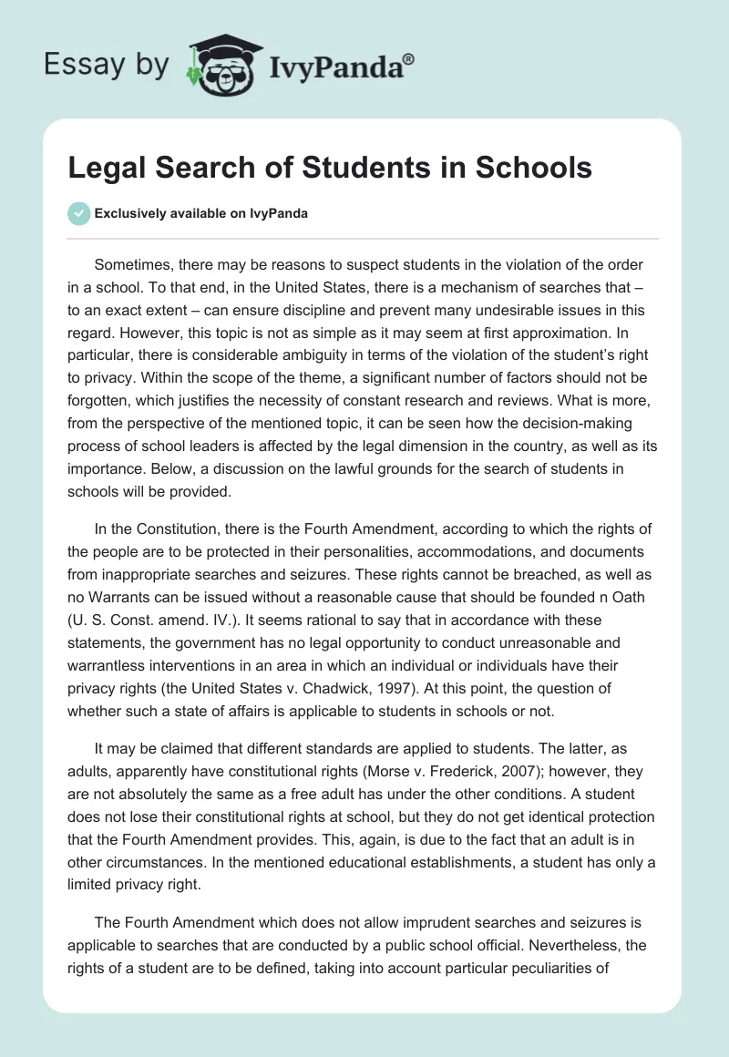Legal Search of Students in Schools. Page 1