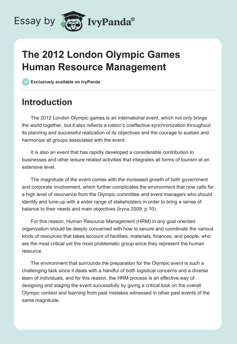 The 2012 London Olympic Games Human Resource Management. Page 1