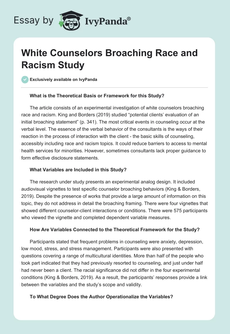 White Counselors Broaching Race and Racism Study. Page 1