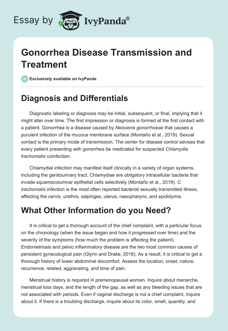 Gonorrhea Disease Transmission and Treatment. Page 1