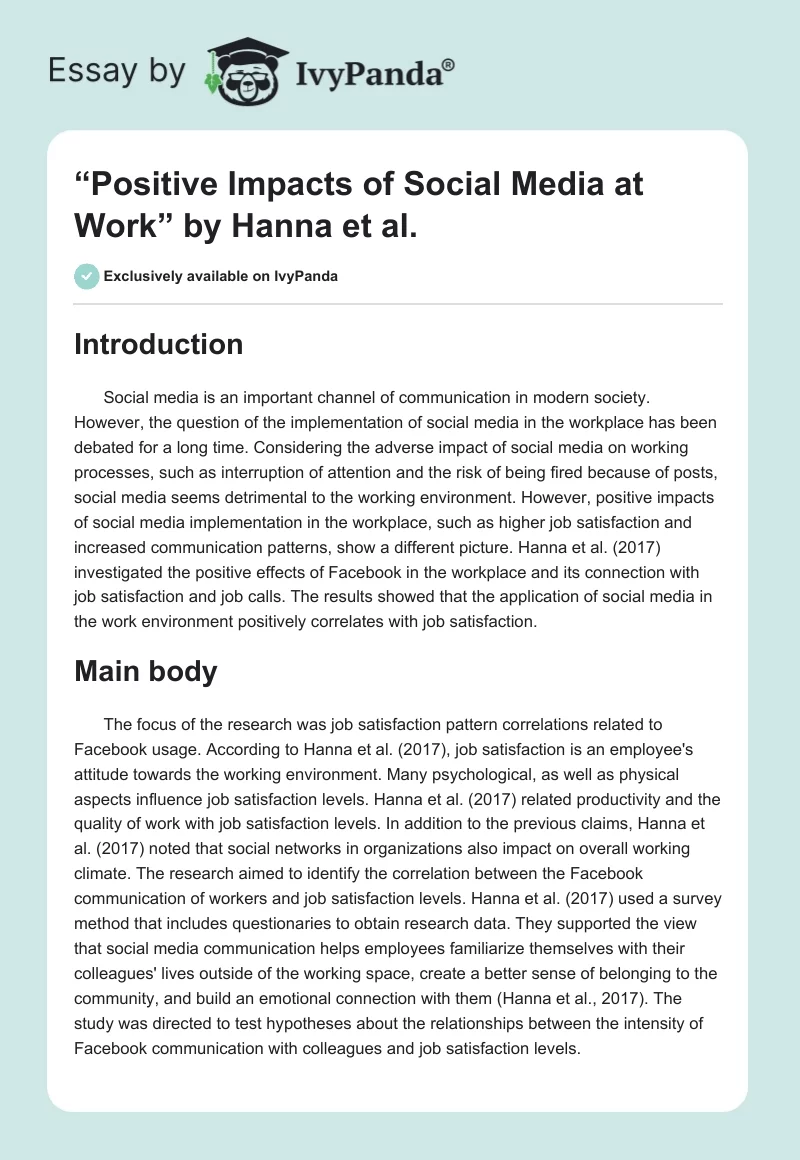 “Positive Impacts of Social Media at Work” by Hanna et al.. Page 1