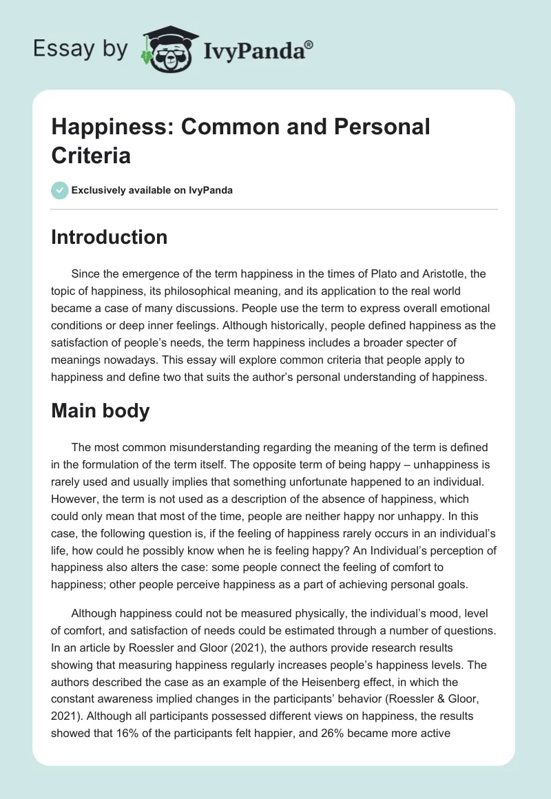 Happiness: Common and Personal Criteria. Page 1