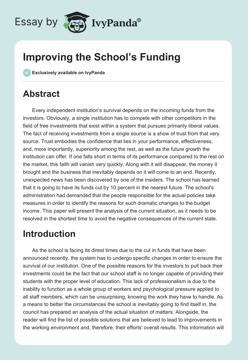 Improving the School’s Funding. Page 1
