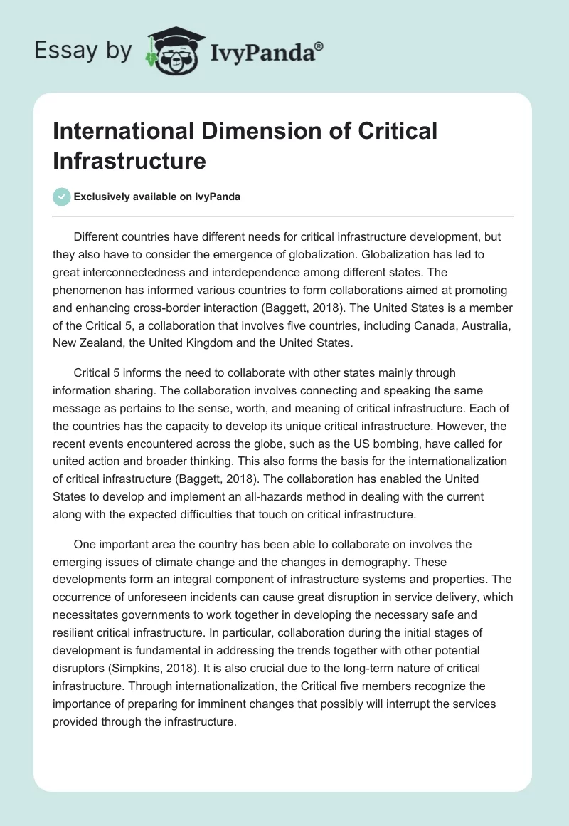 International Dimension of Critical Infrastructure. Page 1