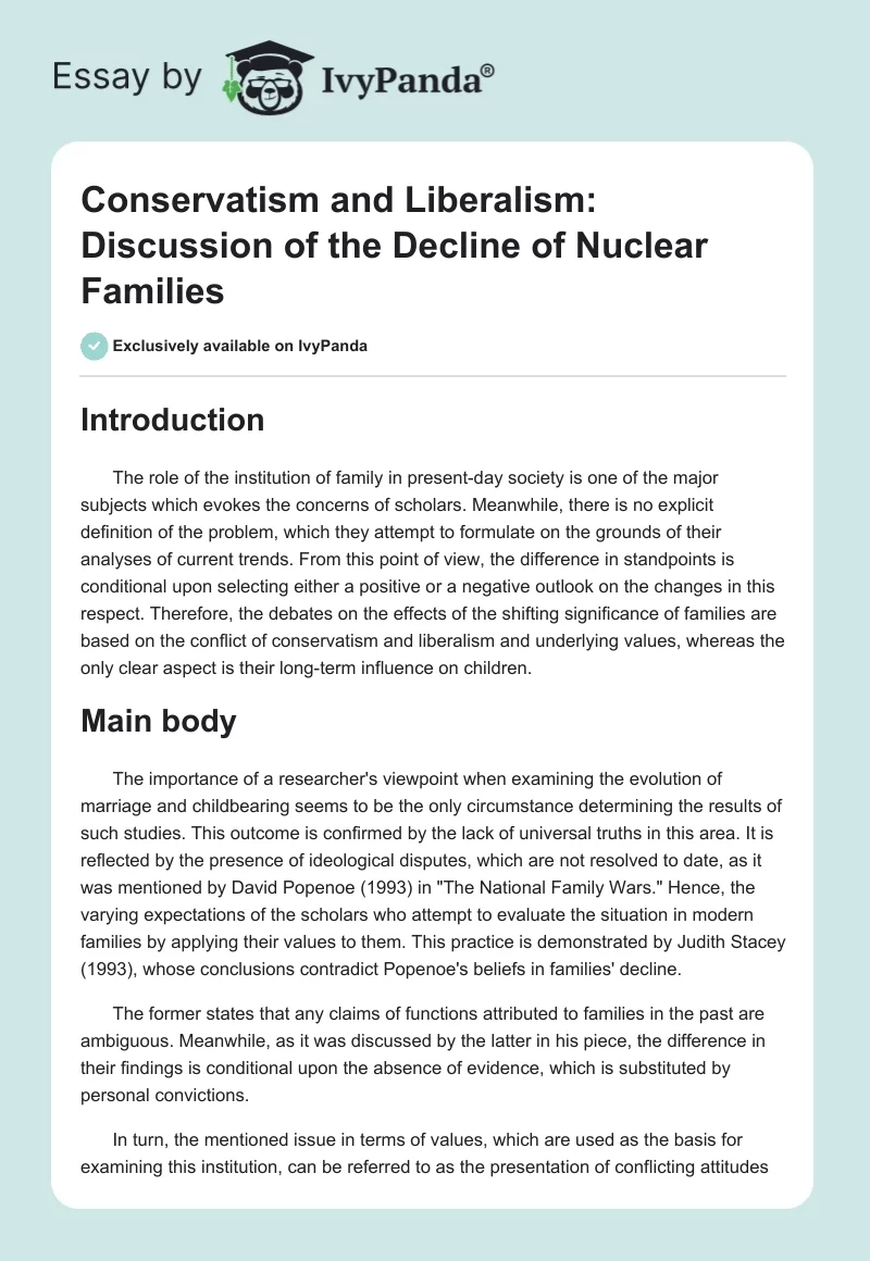 Conservatism and Liberalism: Discussion of the Decline of Nuclear Families. Page 1