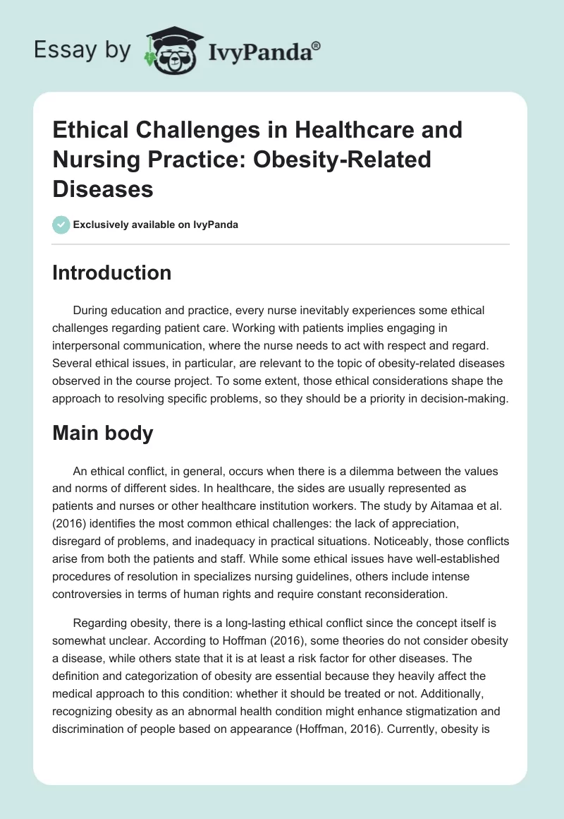 Ethical Challenges in Healthcare and Nursing Practice: Obesity-Related Diseases. Page 1