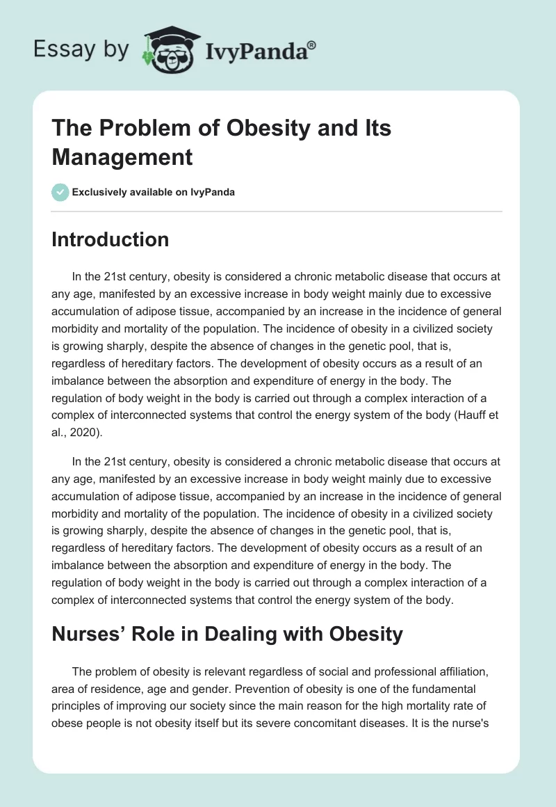 The Problem of Obesity and Its Management. Page 1