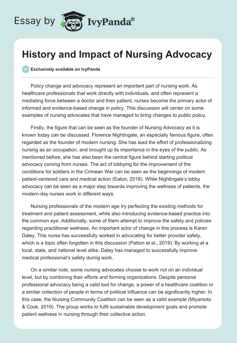 History and Impact of Nursing Advocacy. Page 1