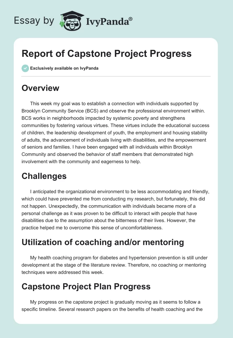 Report of Capstone Project Progress. Page 1