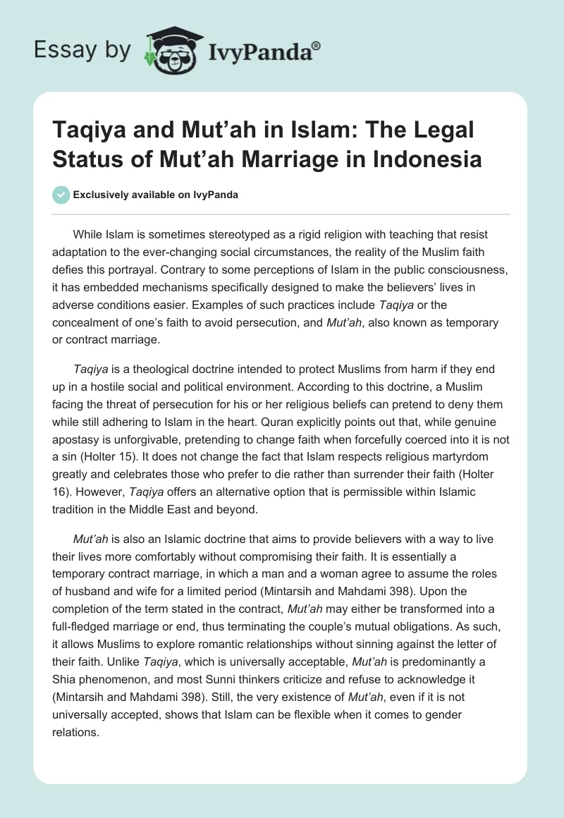 Taqiya and Mut’ah in Islam: The Legal Status of Mut’ah Marriage in Indonesia. Page 1