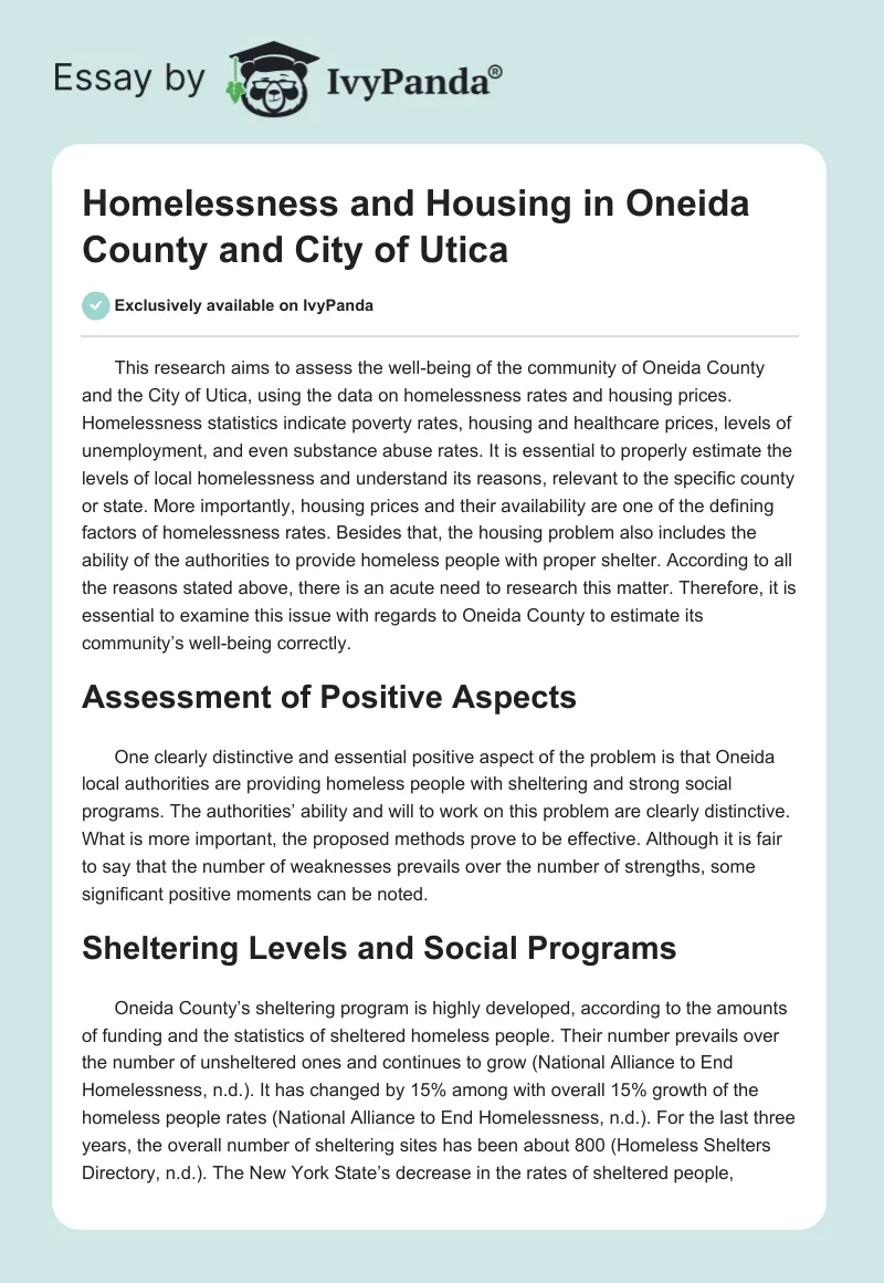 Homelessness and Housing in Oneida County and City of Utica. Page 1