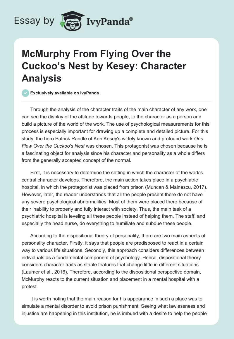 McMurphy From "Flying Over the Cuckoo’s Nest" by Kesey: Character Analysis. Page 1