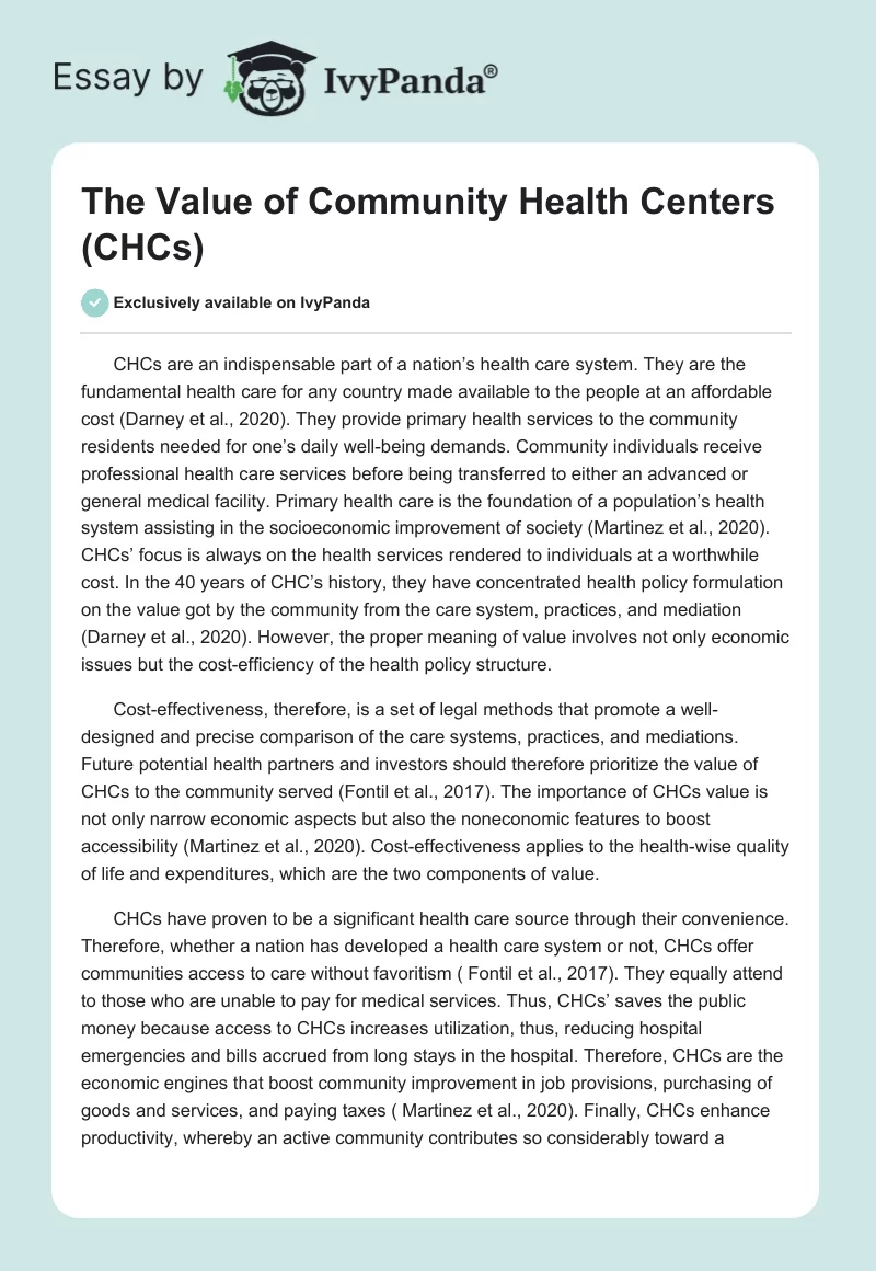 The Value of Community Health Centers (CHCs). Page 1