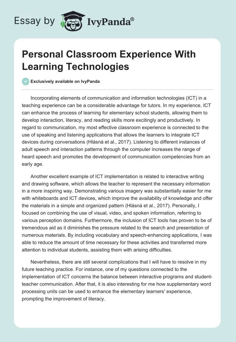 Personal Classroom Experience With Learning Technologies. Page 1