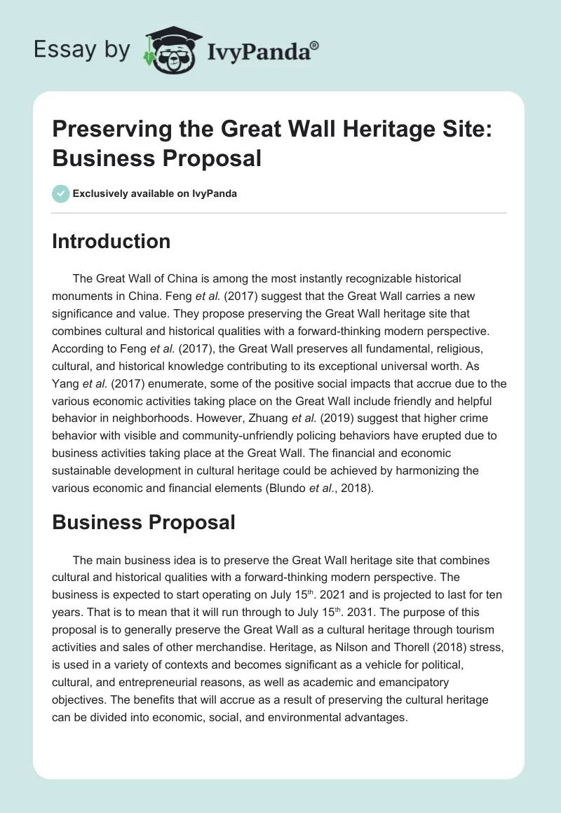 Preserving the Great Wall Heritage Site: Business Proposal. Page 1