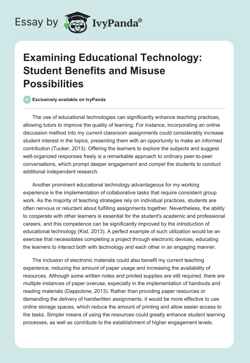 Examining Educational Technology: Student Benefits and Misuse Possibilities. Page 1