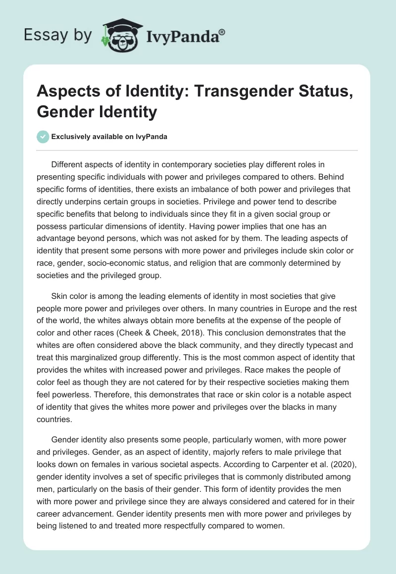 Aspects of Identity: Transgender Status, Gender Identity. Page 1