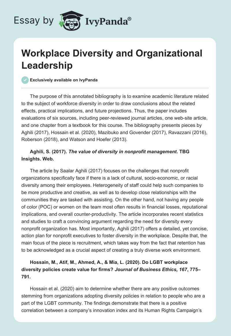 Workplace Diversity and Organizational Leadership. Page 1