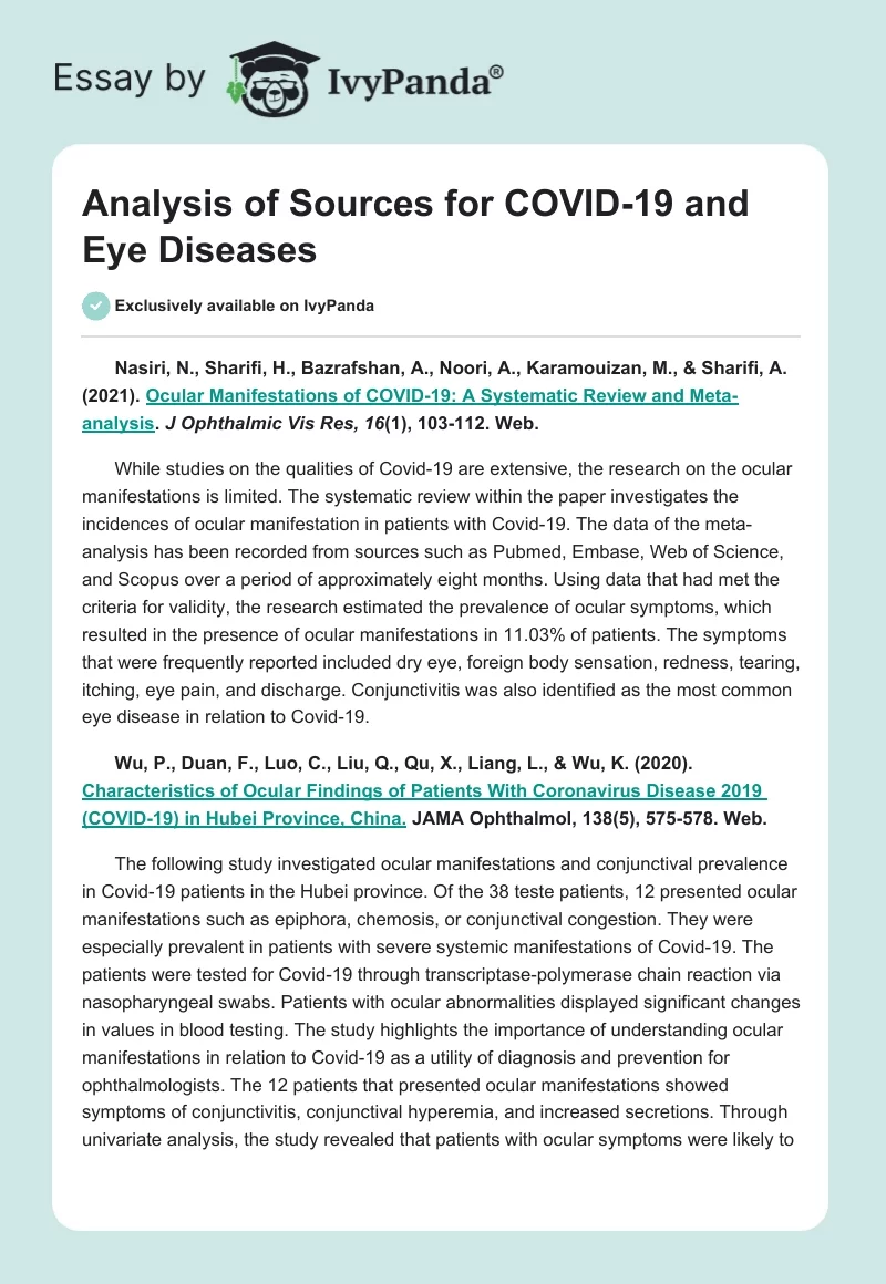 Analysis of Sources for COVID-19 and Eye Diseases. Page 1
