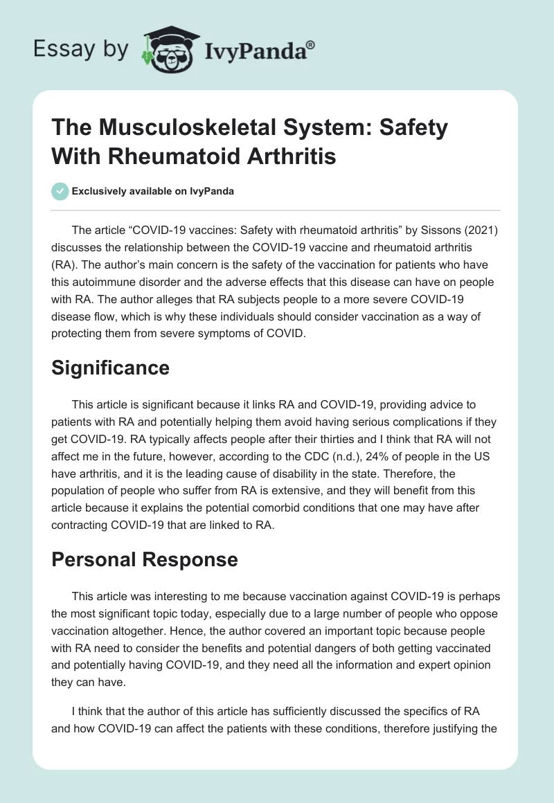 The Musculoskeletal System: Safety With Rheumatoid Arthritis. Page 1