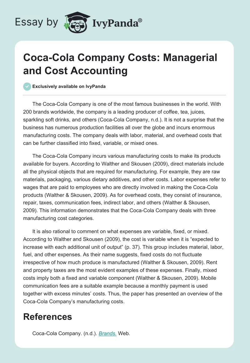 Coca-Cola Company Costs: Managerial and Cost Accounting. Page 1