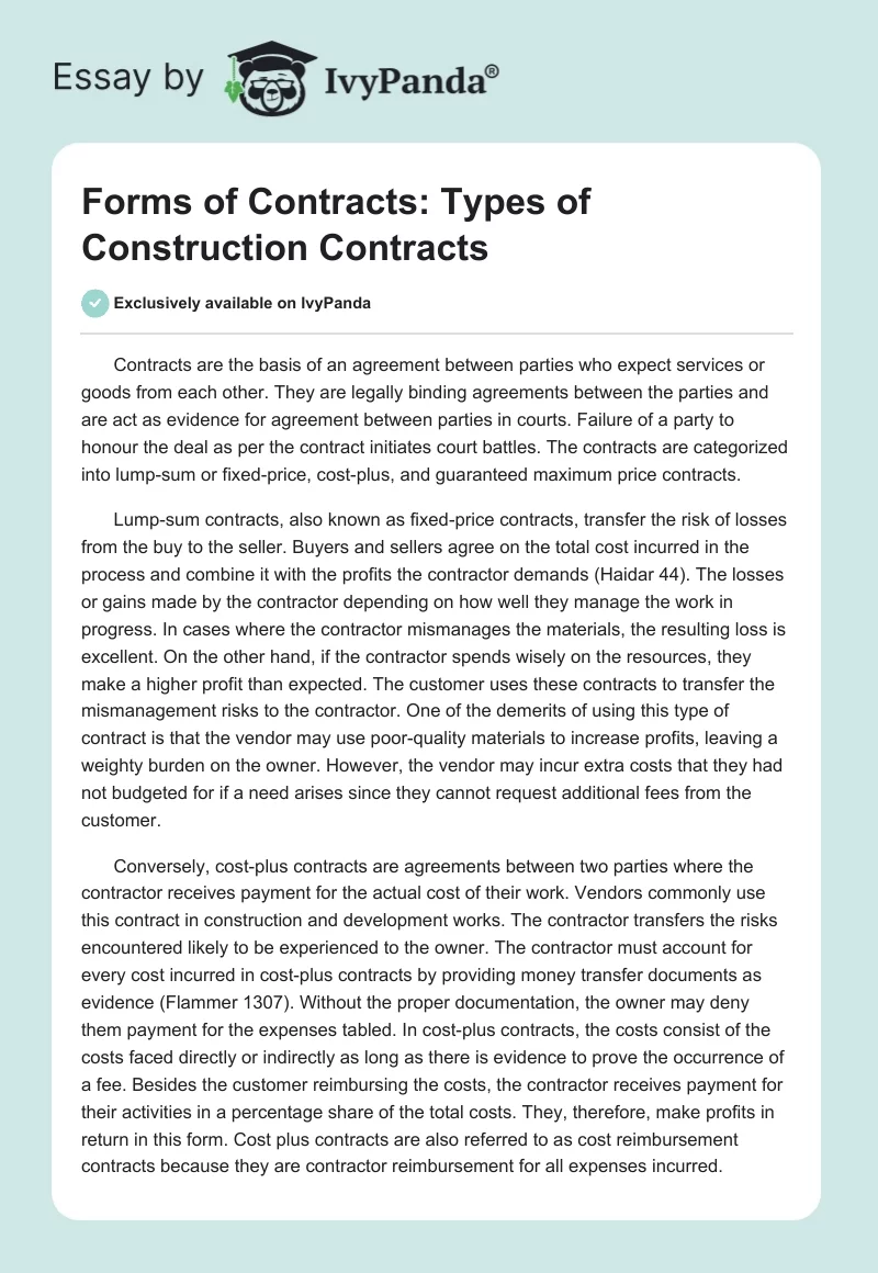 Forms of Contracts: Types of Construction Contracts. Page 1