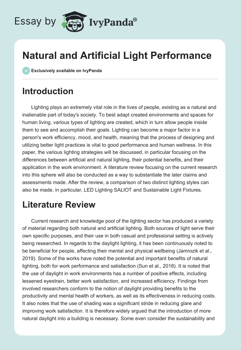 Natural and Artificial Light Performance. Page 1