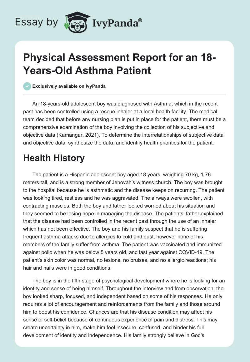 Physical Assessment Report for an 18-Years-Old Asthma Patient. Page 1