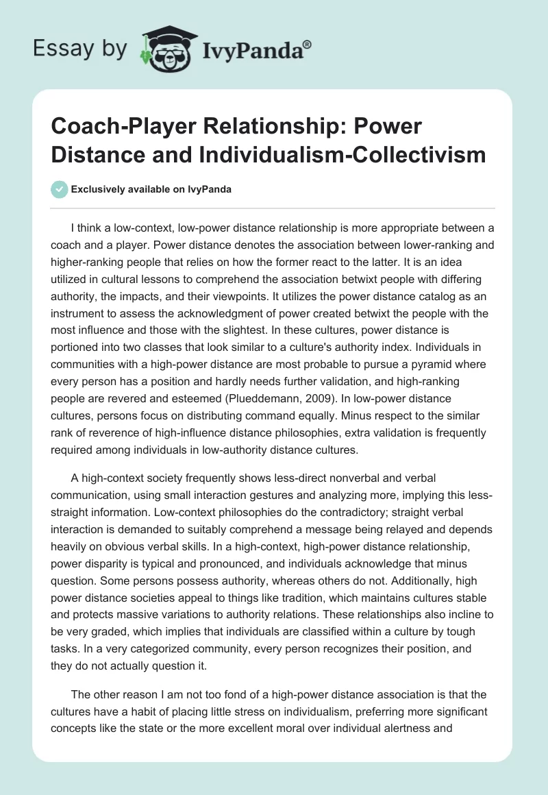 Coach-Player Relationship: Power Distance and Individualism-Collectivism. Page 1