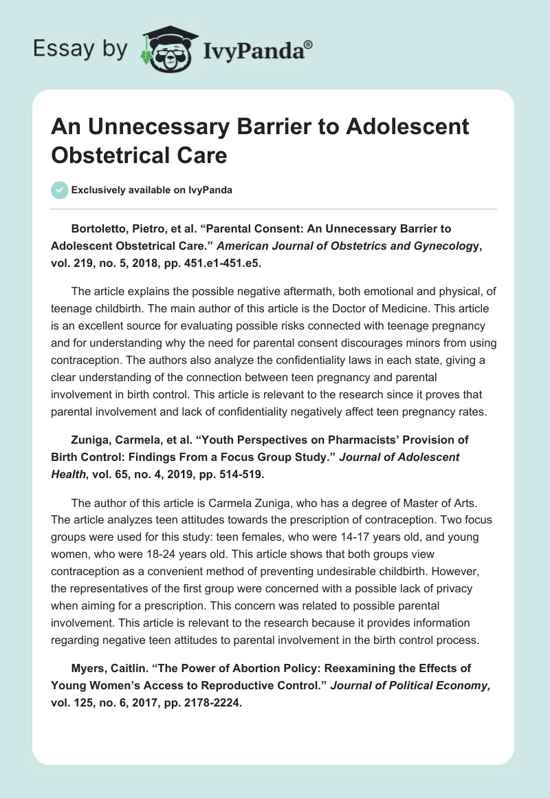 An Unnecessary Barrier to Adolescent Obstetrical Care. Page 1