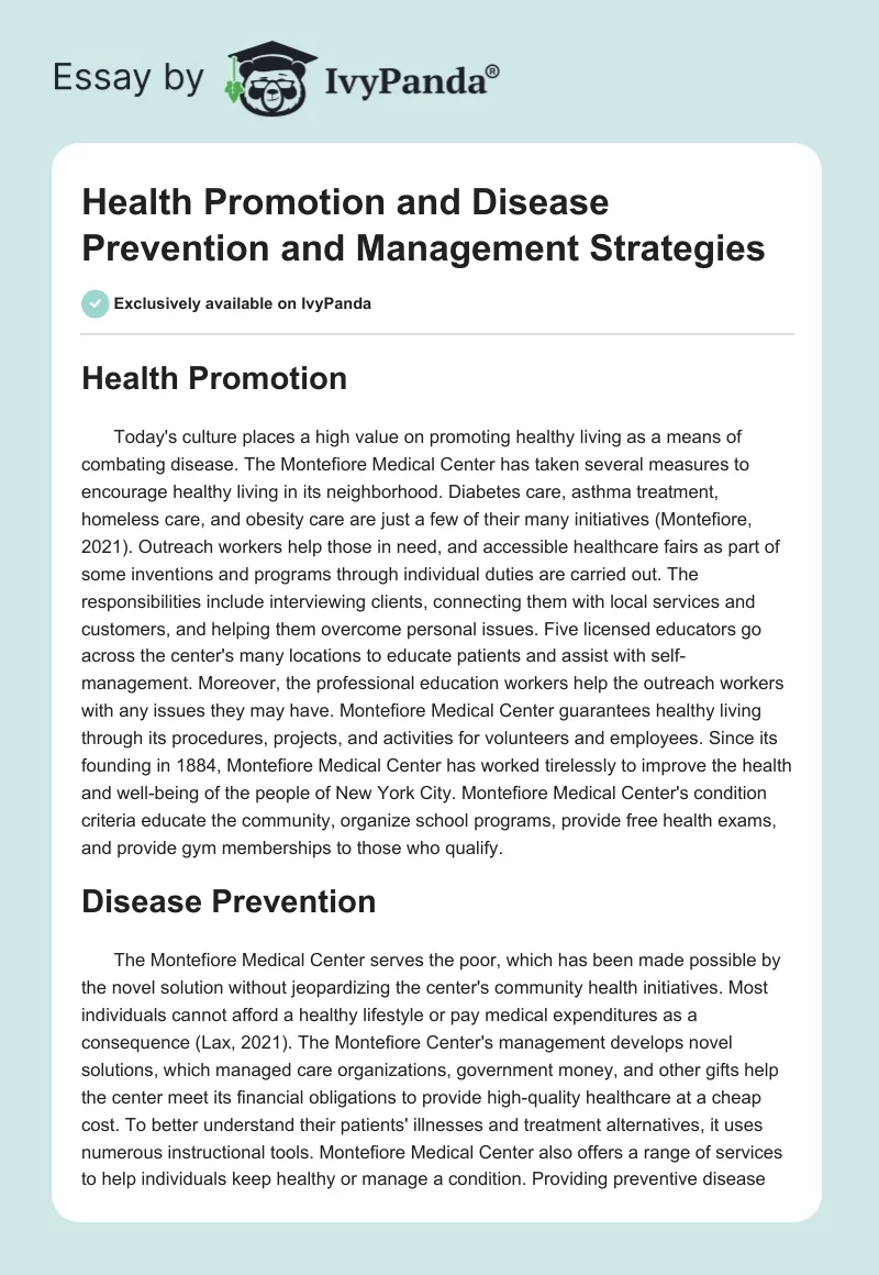 Health Promotion and Disease Prevention and Management Strategies. Page 1