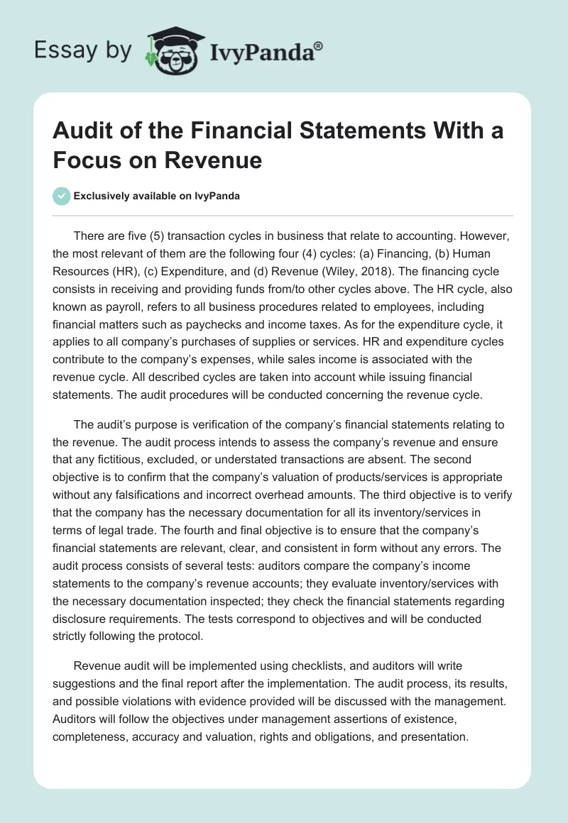 Audit of the Financial Statements With a Focus on Revenue. Page 1